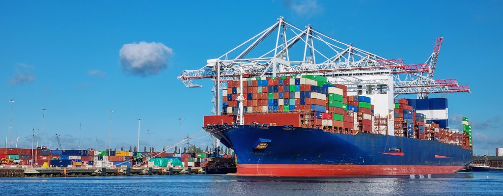 Container vessel arriving for European import customs clearance