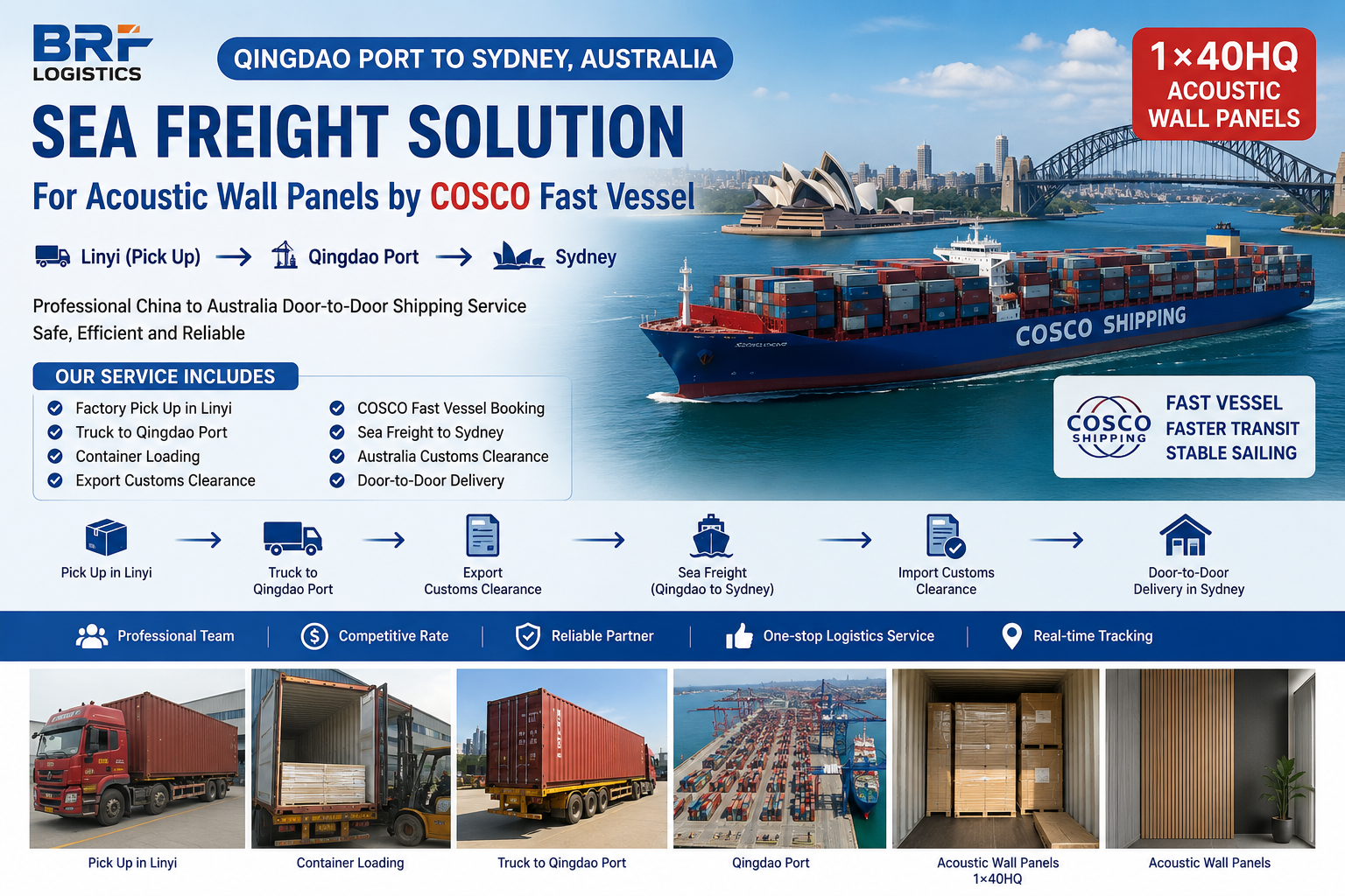 COSCO 고속선으로 청도항에서 시드니까지 음향 벽 패널 문앞 배송