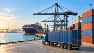 Container shipping from Thailand with truck and vessel at Laem Chabang Port
