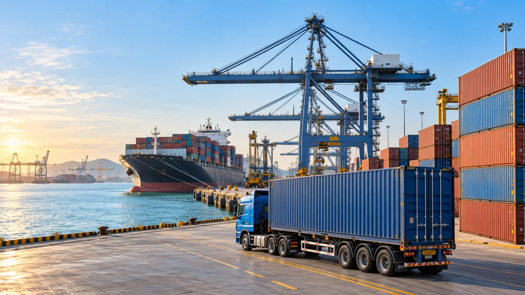 Container shipping from Thailand with truck and vessel at Laem Chabang Port
