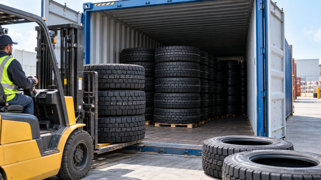 Truck tires being loaded into a shipping container for sea freight