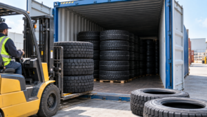 Truck tires being loaded into a shipping container for sea freight